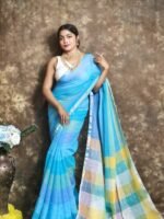 Exclusive Dual Tone Sky Blue Plain Jori Tissue Sari With Blouse Piece