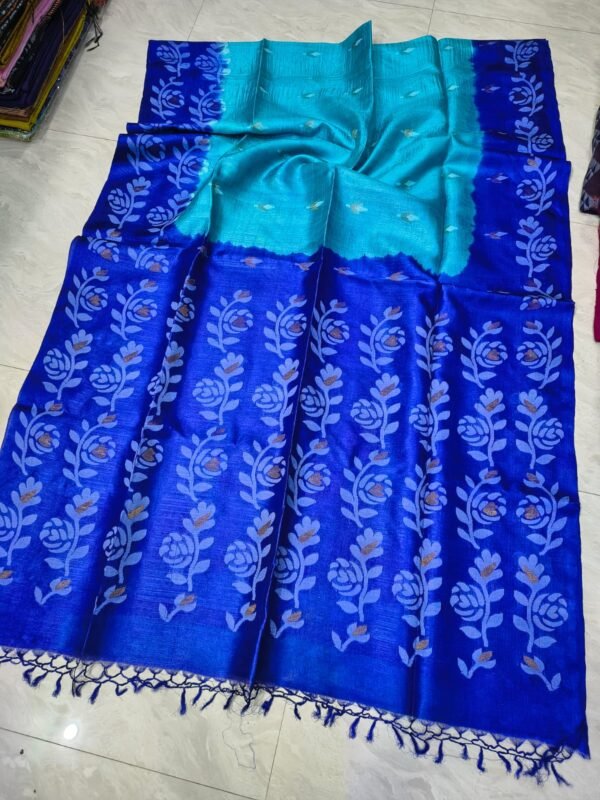 Sky Blue Handloom Pure Gachi Tussar Dhakai Jamdani Saree with Blouse Piece