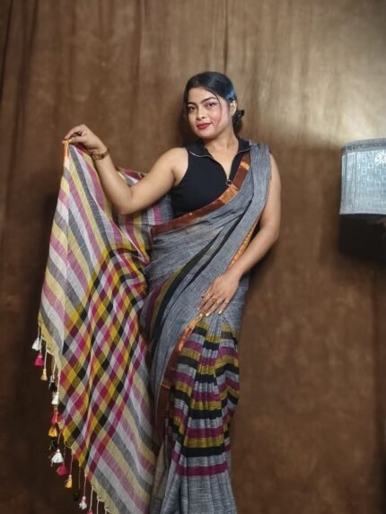 Exclusive Steel Grey Plain Soft Tissue Sari With Blouse Piece