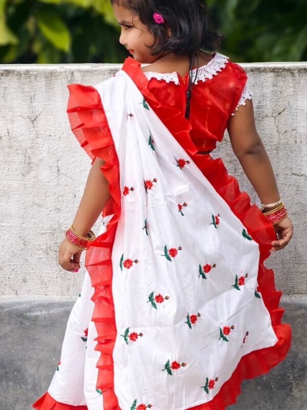 White Cute Baby Dhakai Jamdani Sari with Embroidery Work