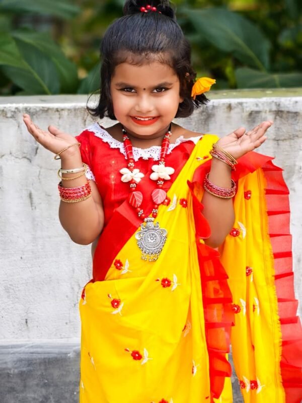 Yellow Cute Baby Dhakai Jamdani Sari with Embroidery Work