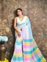 Exclusive Dual Tone White Plain Jori Tissue Sari With Blouse Piece