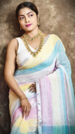 Exclusive Dual Tone White Plain Jori Tissue Sari With Blouse Piece