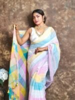 Exclusive Dual Tone White Plain Jori Tissue Sari With Blouse Piece
