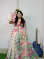 White Soft Allover Pata Jamdani Sari With Blouse Piece