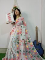 White Soft Allover Pata Jamdani Sari With Blouse Piece