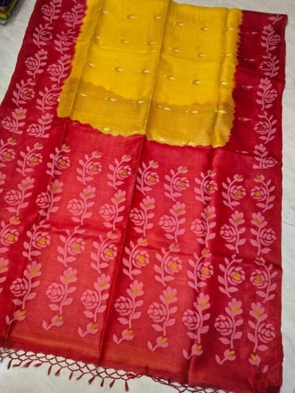 Yellow Handloom Pure Gachi Tussar Dhakai Jamdani Saree with Blouse Piece