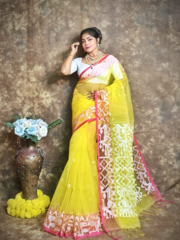 Yellow Buti Soft Muslin Jamdani Sari With Blouse Piece