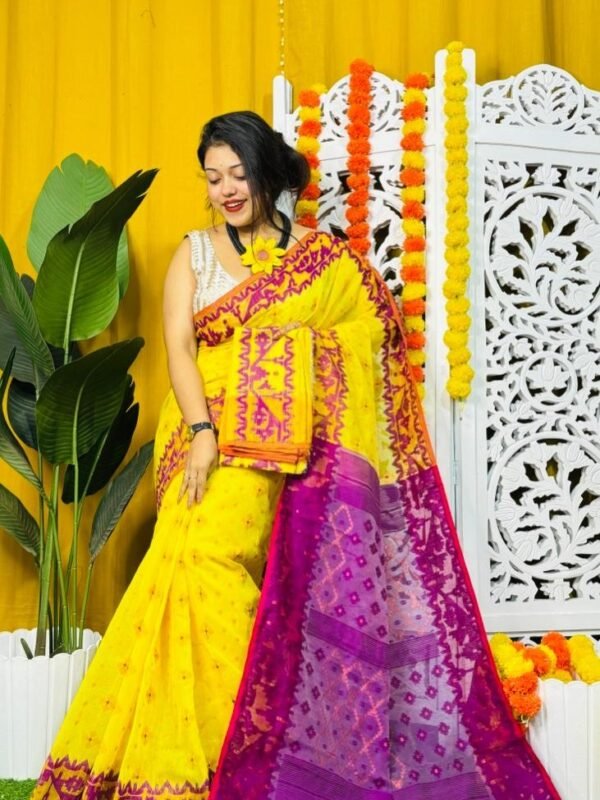 Yellow Soft Dhakai Jamdani Sari