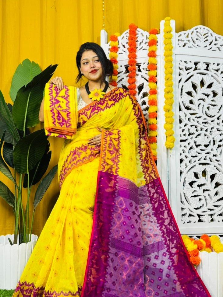 Yellow Soft Dhakai Jamdani Sari