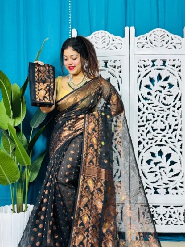 Black Exclusive Golden Buti Soft Jamdani Sari With Blouse Piece