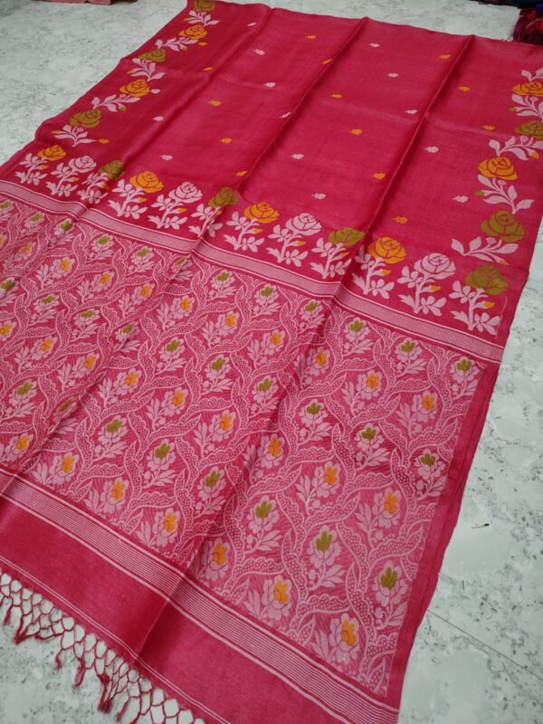 Bright Maroon Handloom Pure Gachi Tussar Dhakai Jamdani Saree with Blouse Piece