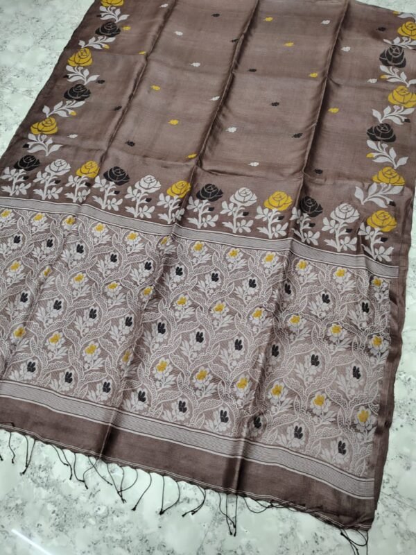 Coffee Handloom Pure Gachi Tussar Dhakai Jamdani Saree with Blouse Piece