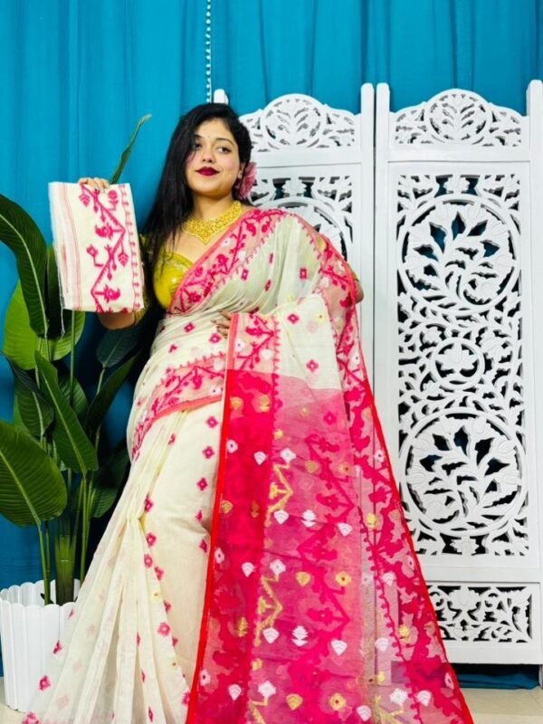 Cream Korat Buti Soft Jamdani Sari With Blouse Piece