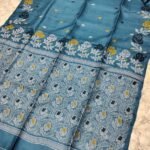Denim Handloom Pure Gachi Tussar Dhakai Jamdani Saree with Blouse Piece