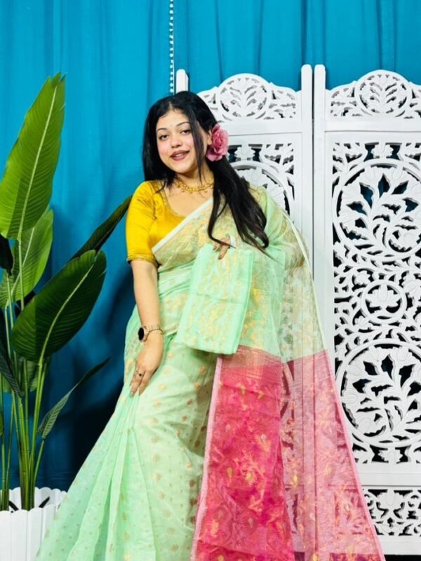 Faded Green Exclusive Golden Buti Soft Jamdani Sari With Blouse Piece