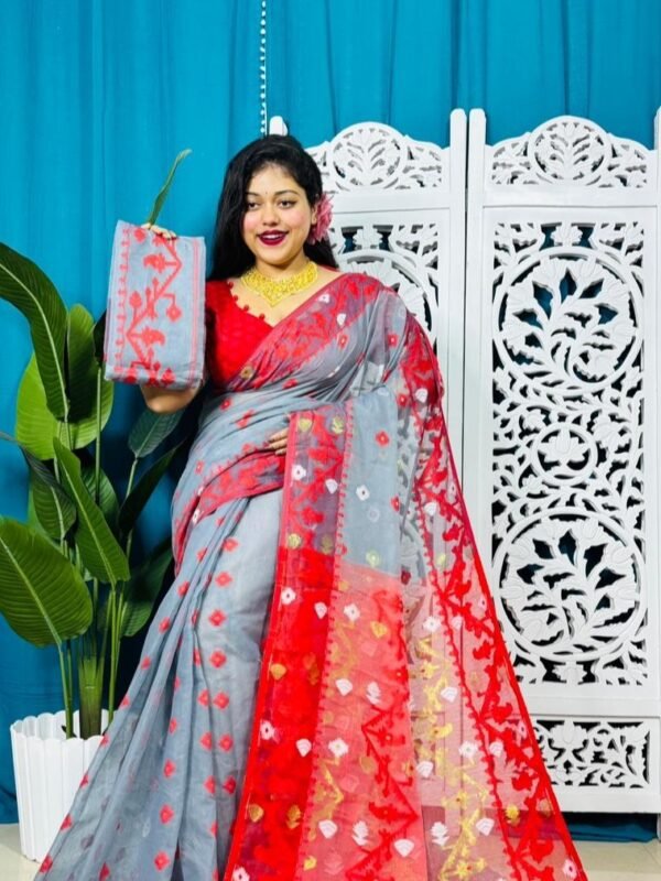 Hit Grey Korat Buti Soft Jamdani Sari With Blouse Piece