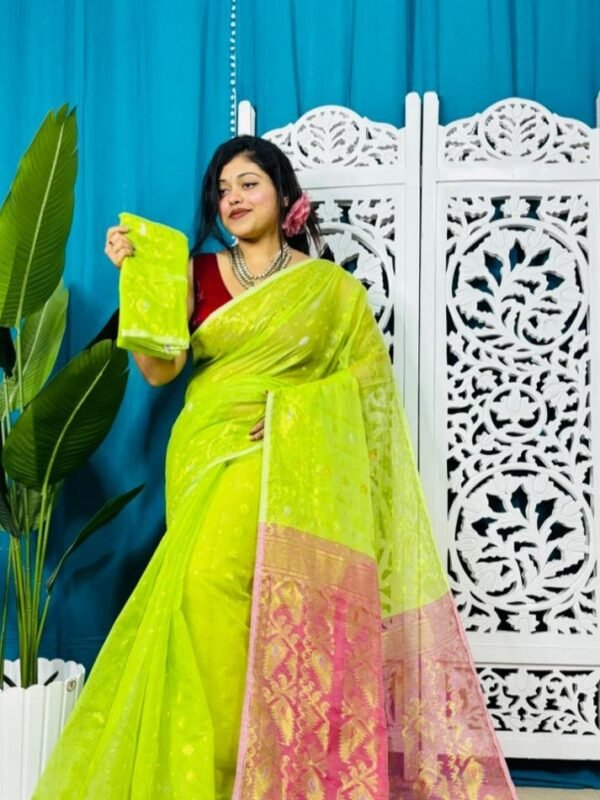 Lemon Green Exclusive Golden Buti Soft Jamdani Sari With Blouse Piece