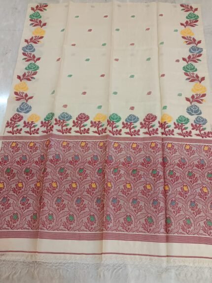 Light Cream Handloom Pure Gachi Tussar Dhakai Jamdani Saree with Blouse Piece