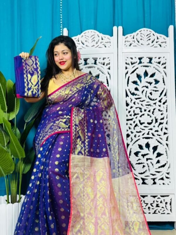 Navy Blue Exclusive Golden Buti Soft Jamdani Sari With Blouse Piece