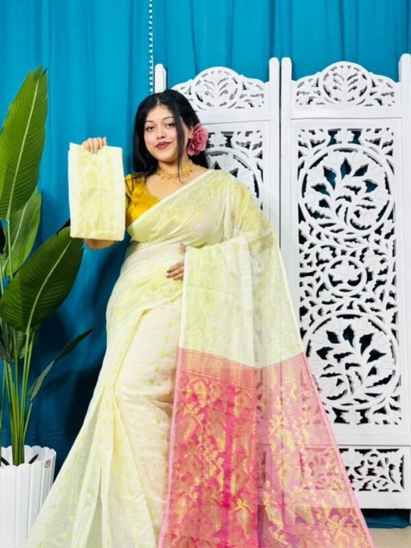 Off White Exclusive Golden Buti Soft Jamdani Sari With Blouse Piece