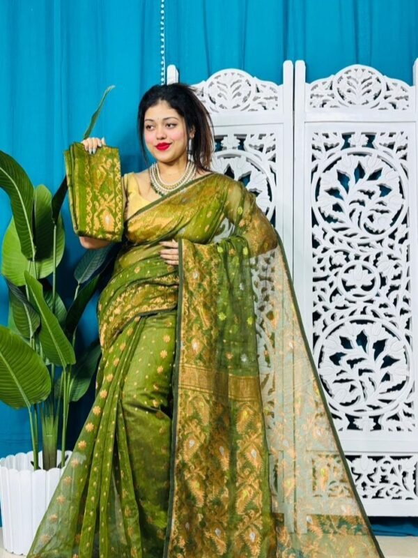 Olive Exclusive Golden Buti Soft Jamdani Sari With Blouse Piece