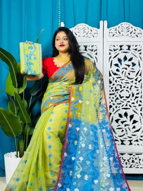 Pea Green Korat Buti Soft Jamdani Sari With Blouse Piece