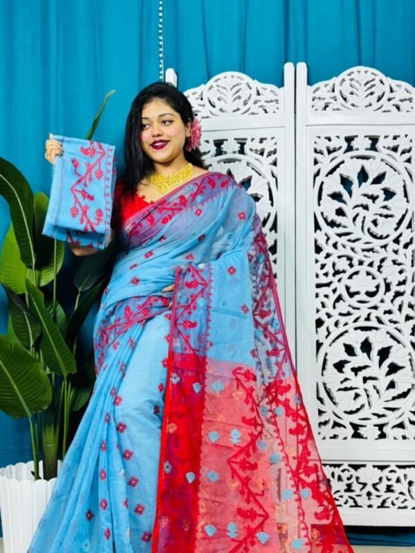 Picton Blue Korat Buti Soft Jamdani Sari With Blouse Piece