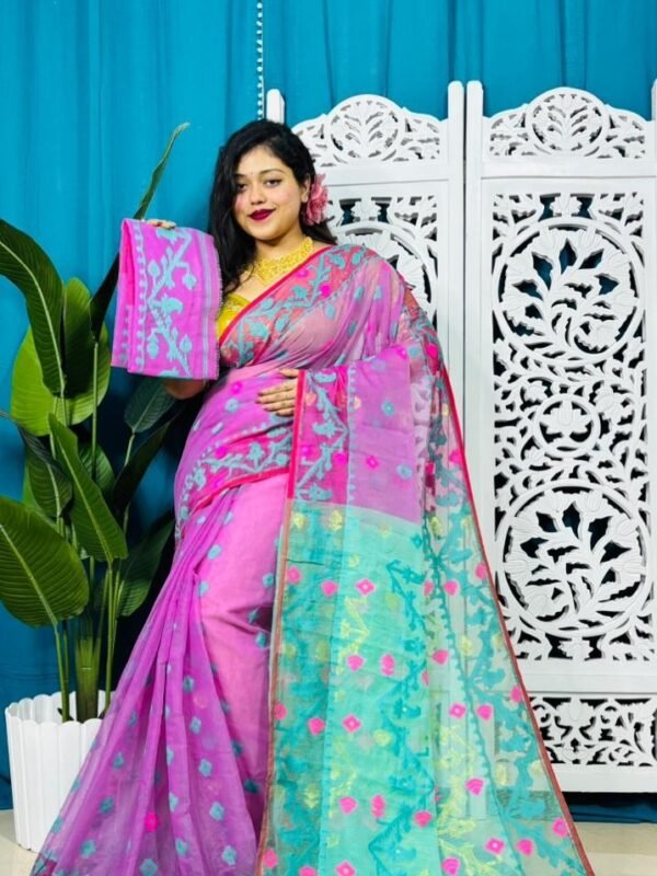 Purplish Pink Korat Buti Soft Jamdani Sari With Blouse Piece