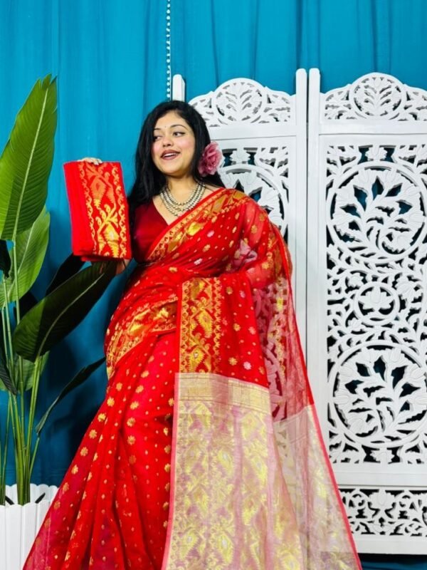 Red And White Exclusive Golden Buti Soft Jamdani Sari With Blouse Piece