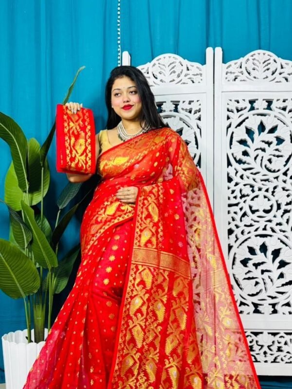 Red Exclusive Golden Buti Soft Jamdani Sari With Blouse Piece