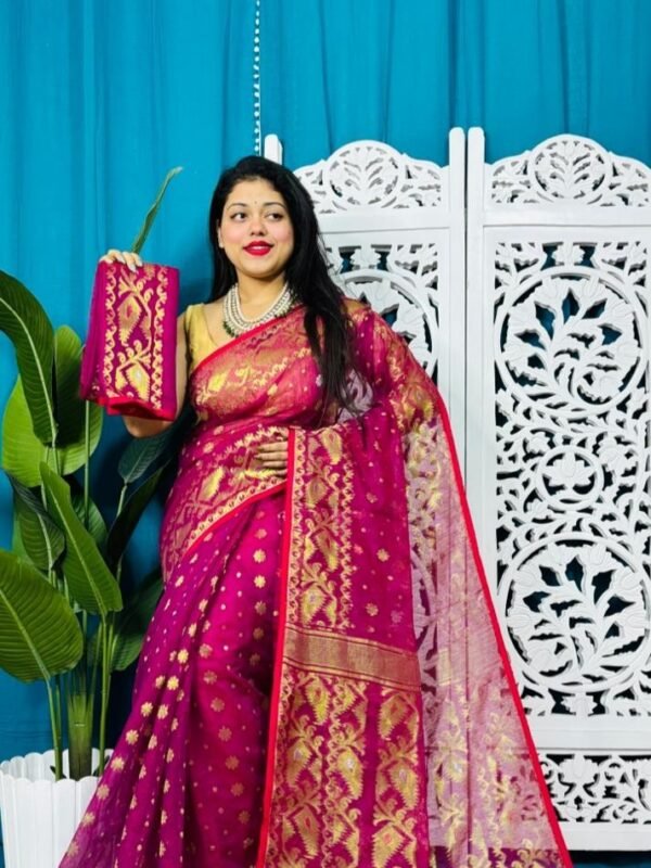 Red Purple Exclusive Golden Buti Soft Jamdani Sari With Blouse Piece