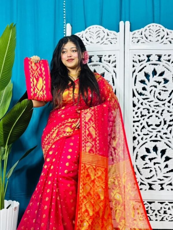 Rose Red And Red Exclusive Golden Buti Soft Jamdani Sari With Blouse Piece