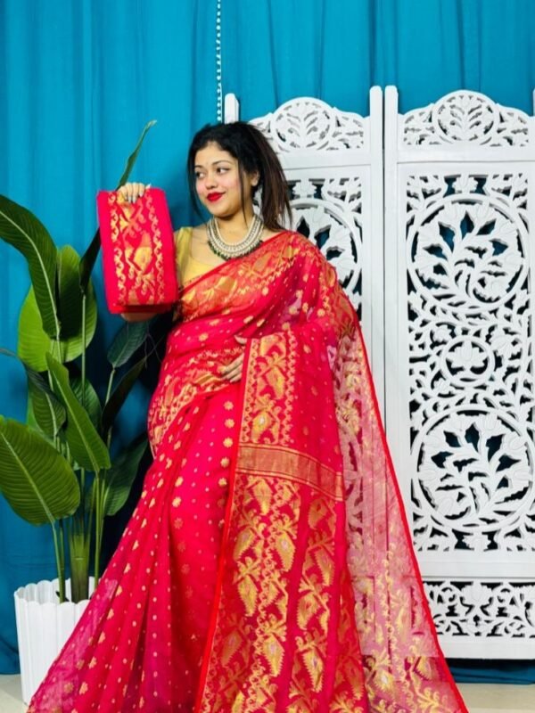 Rose Red Exclusive Golden Buti Soft Jamdani Sari With Blouse Piece