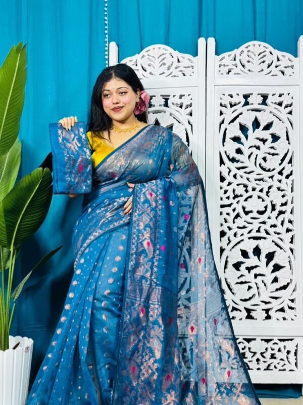 Venice Blue Exclusive Golden Buti Soft Jamdani Sari With Blouse Piece