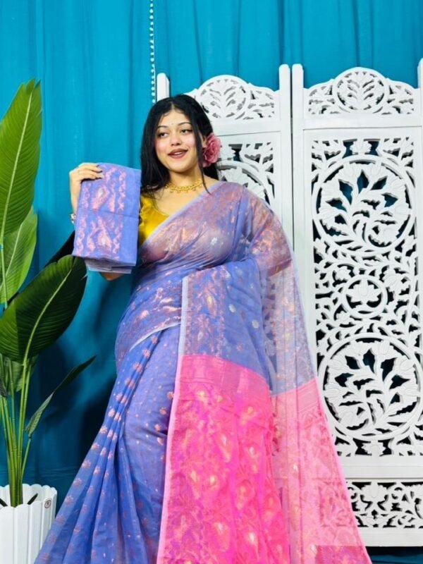 Warm Blue Exclusive Golden Buti Soft Jamdani Sari With Blouse Piece