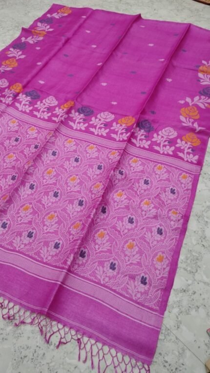 Warm Purple Handloom Pure Gachi Tussar Dhakai Jamdani Saree with Blouse Piece