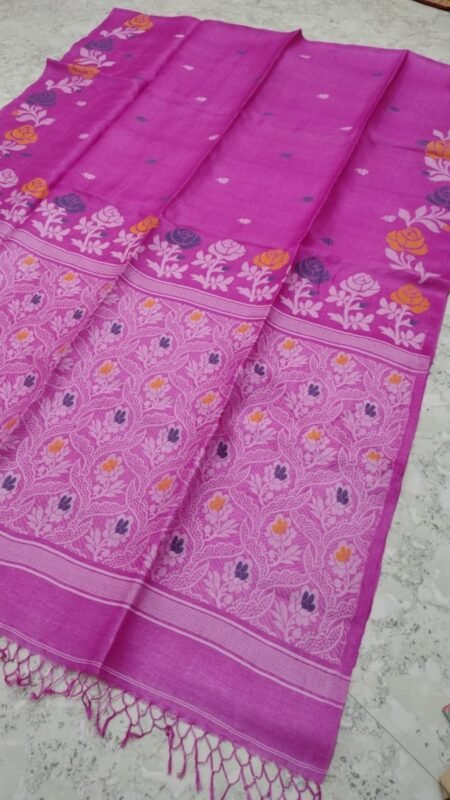 Warm Purple Handloom Pure Gachi Tussar Dhakai Jamdani Saree with Blouse Piece