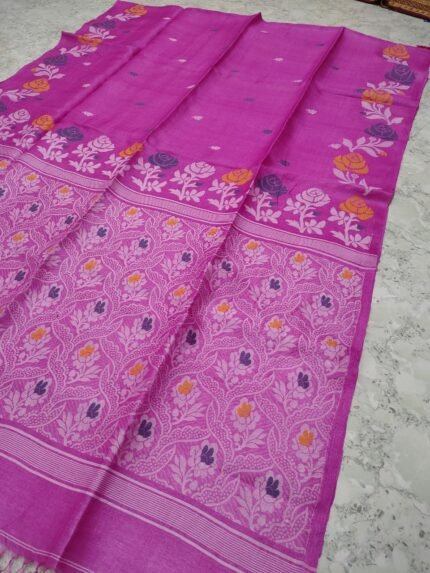 Warm Purple Handloom Pure Gachi Tussar Dhakai Jamdani Saree with Blouse Piece