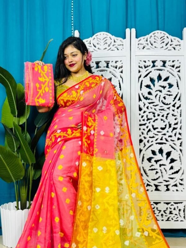 Watermelon Korat Buti Soft Jamdani Sari With Blouse Piece