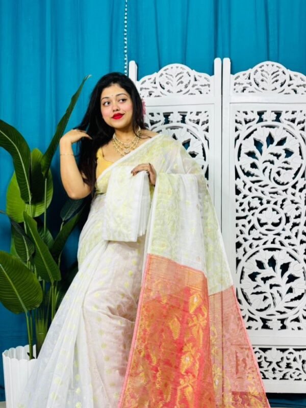 White Exclusive Golden Buti Soft Jamdani Sari With Blouse Piece
