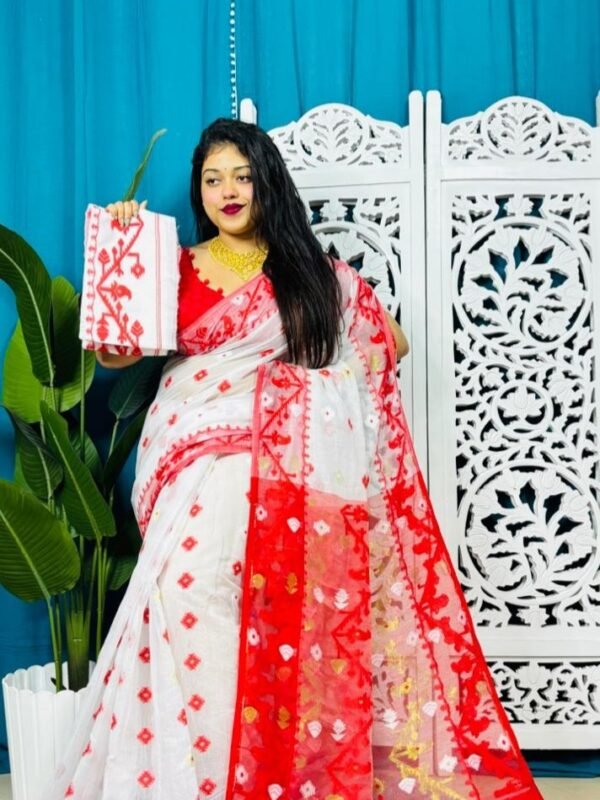 White Korat Buti Soft Jamdani Sari With Blouse Piece