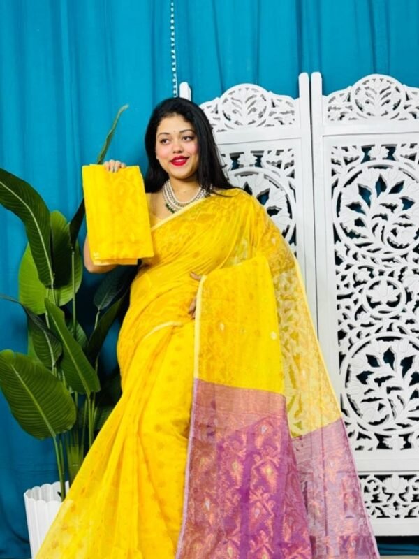 Yellow And Warm Purple Exclusive Golden Buti Soft Jamdani Sari With Blouse Piece