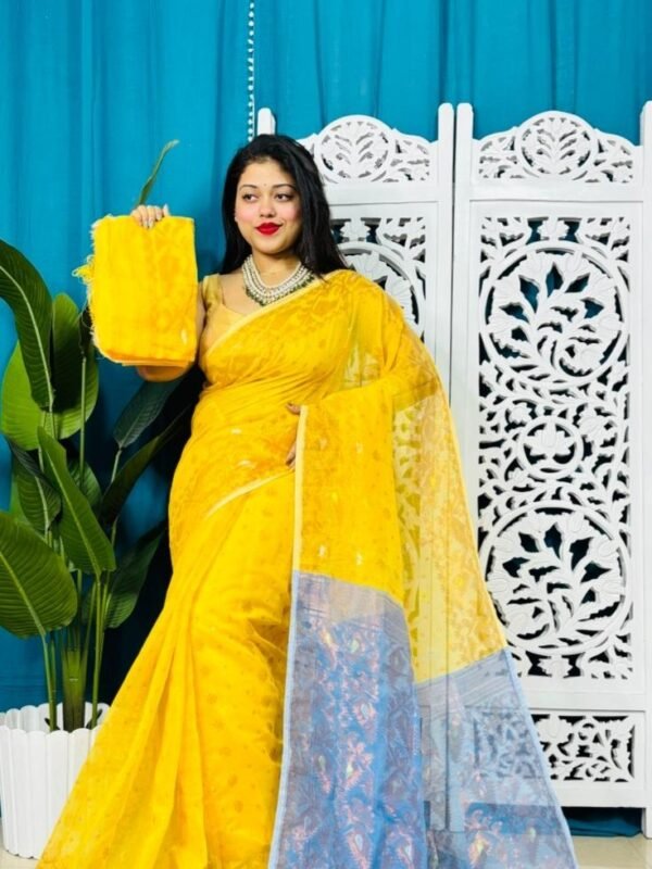 Yellow Exclusive Golden Buti Soft Jamdani Sari With Blouse Piece