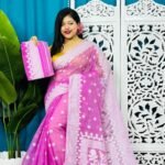 Barney Purple Soft Sunflower Jamdani Sari With Blouse Piece