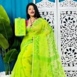 Bitter Lemon Soft Bonolota Jamdani Sari Wiht Blouse Piece