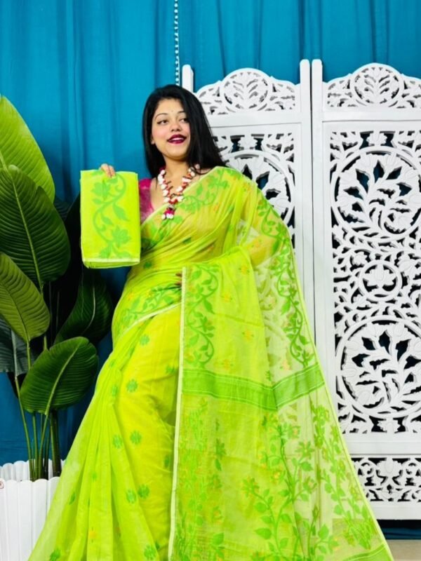 Bitter Lemon Soft Bonolota Jamdani Sari Wiht Blouse Piece