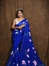 Blue Floral Design Mul Cotton Sari With Blouse Piece