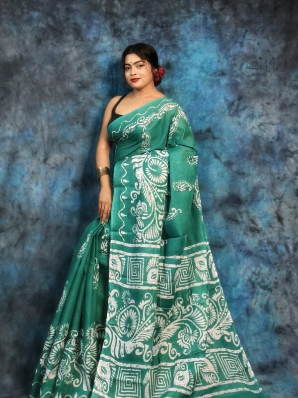 Blue Green Soft Mulmul Cotton Saree