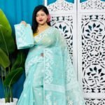 Blue Hosta Soft Bonolota Jamdani Sari Wiht Blouse Piece